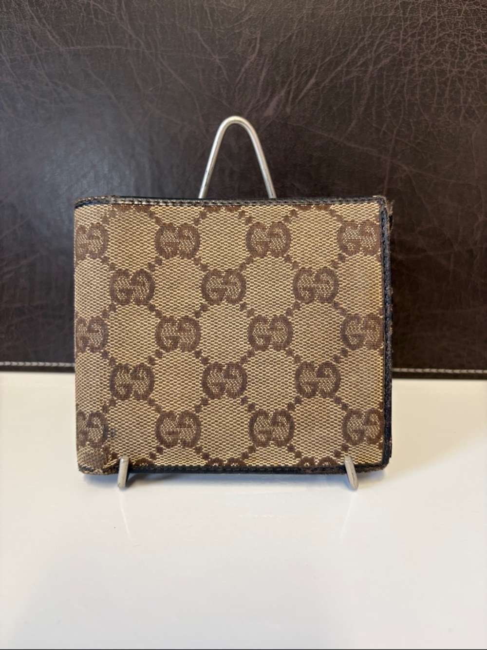 Gucci Brown Beige GG Canvas Bifold Wallet